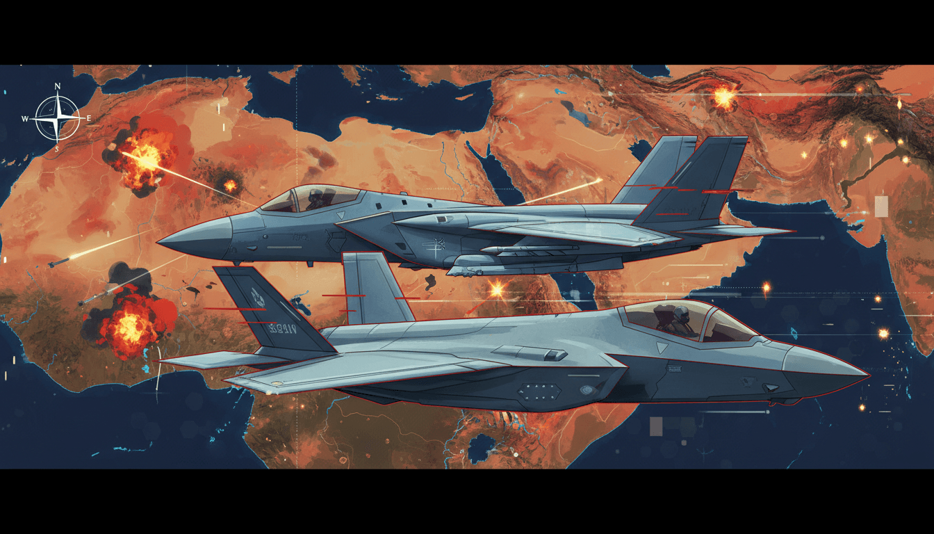 A graphic depicting U.S. F-35 and F-15 fighter jets against a backdrop of conflict in Yemen and Saudi Arabia.