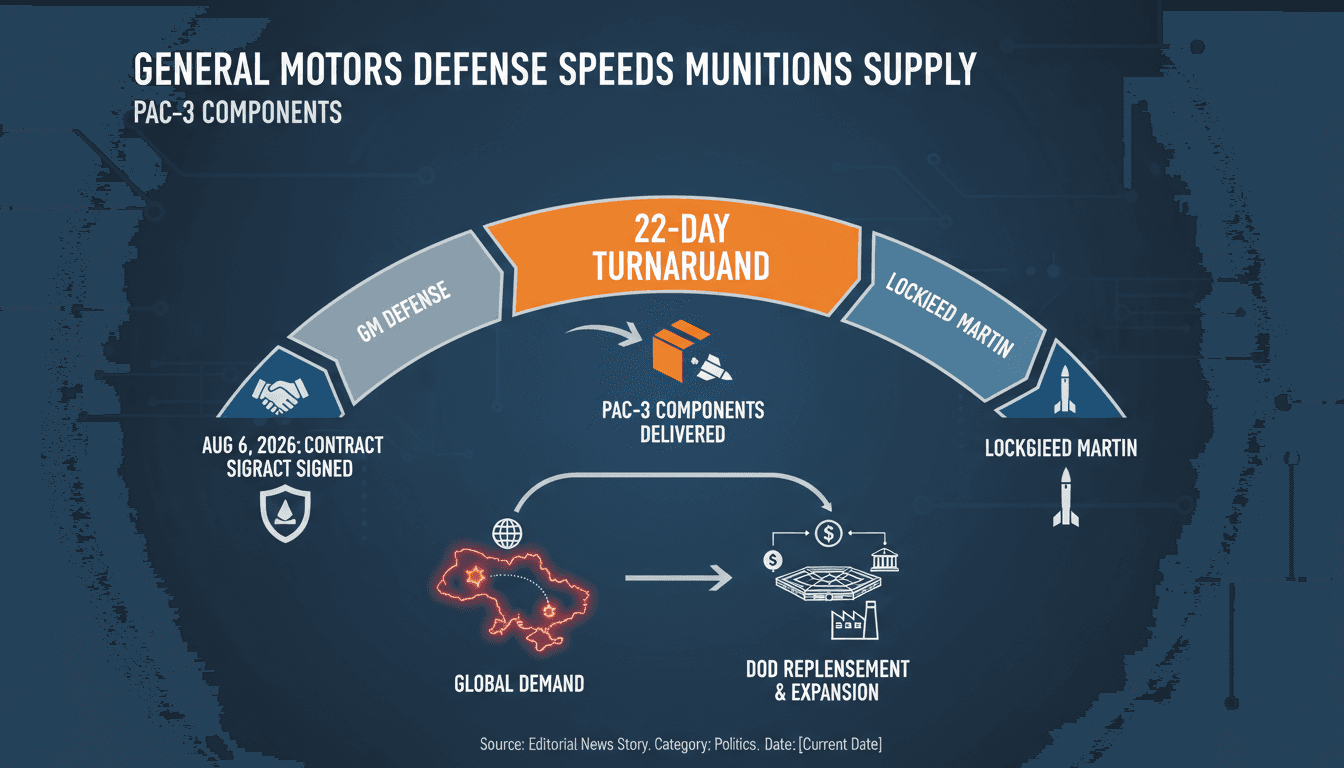 A visual representation of General Motors Defense's rapid delivery of PAC-3 components to Lockheed Martin, emphasizing defense manufacturing efficiency.
