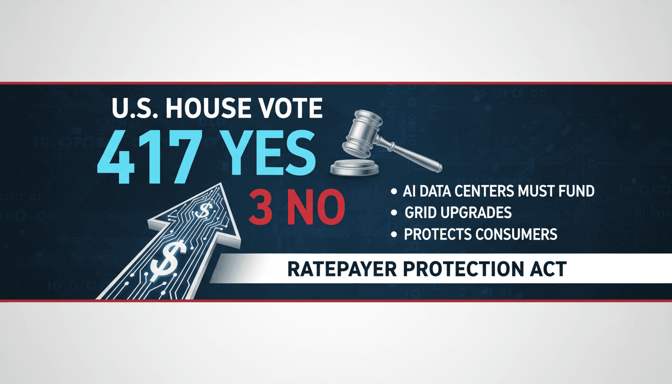 Infographic showing the U.S. House vote tally of 417-3 on the Ratepayer Protection Act regarding AI data centers.