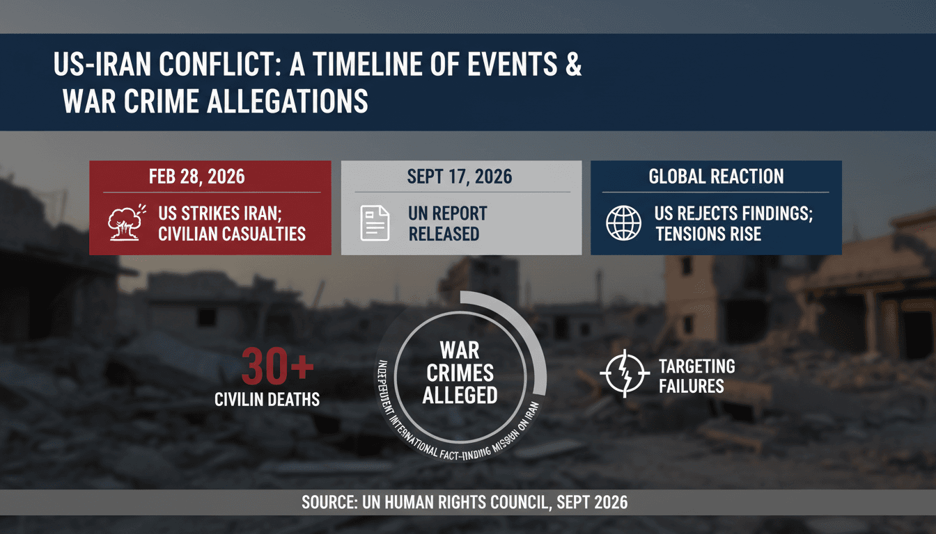 Infographic detailing US war crimes allegations in Iran, highlighting civilian casualties and international response.