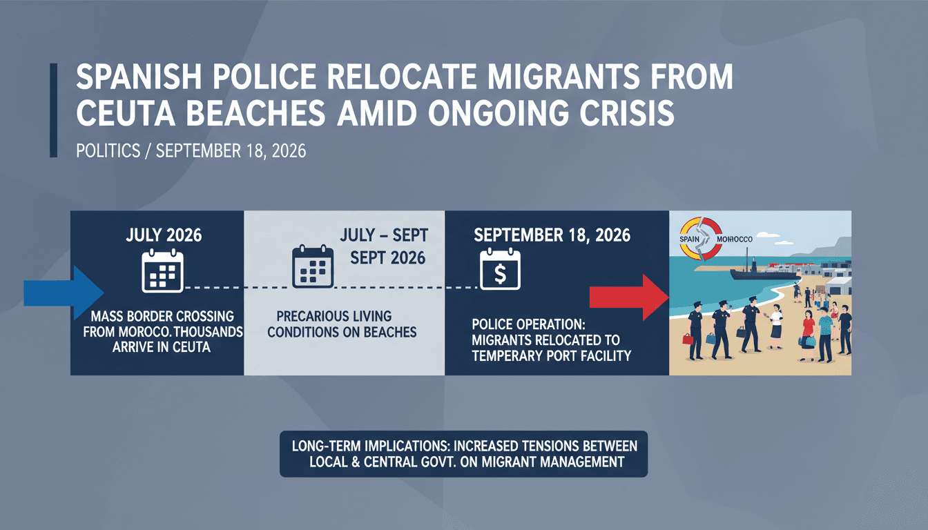 Spanish police operation relocating migrants from Ceuta beaches to a temporary facility.