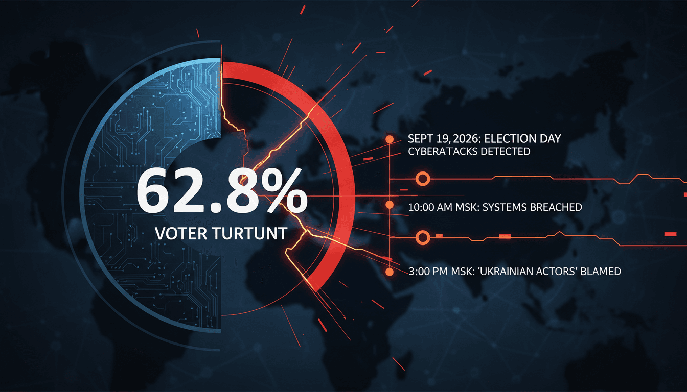 A graphic illustrating the cyberattacks on Russia's electronic voting systems during the 2026 State Duma elections.