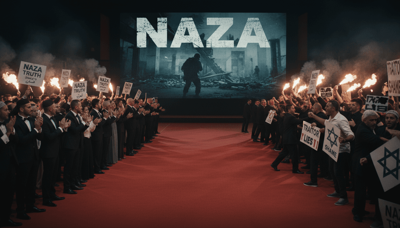 Image of the NAZA documentary premiere showing a divided audience amidst applause and protests.