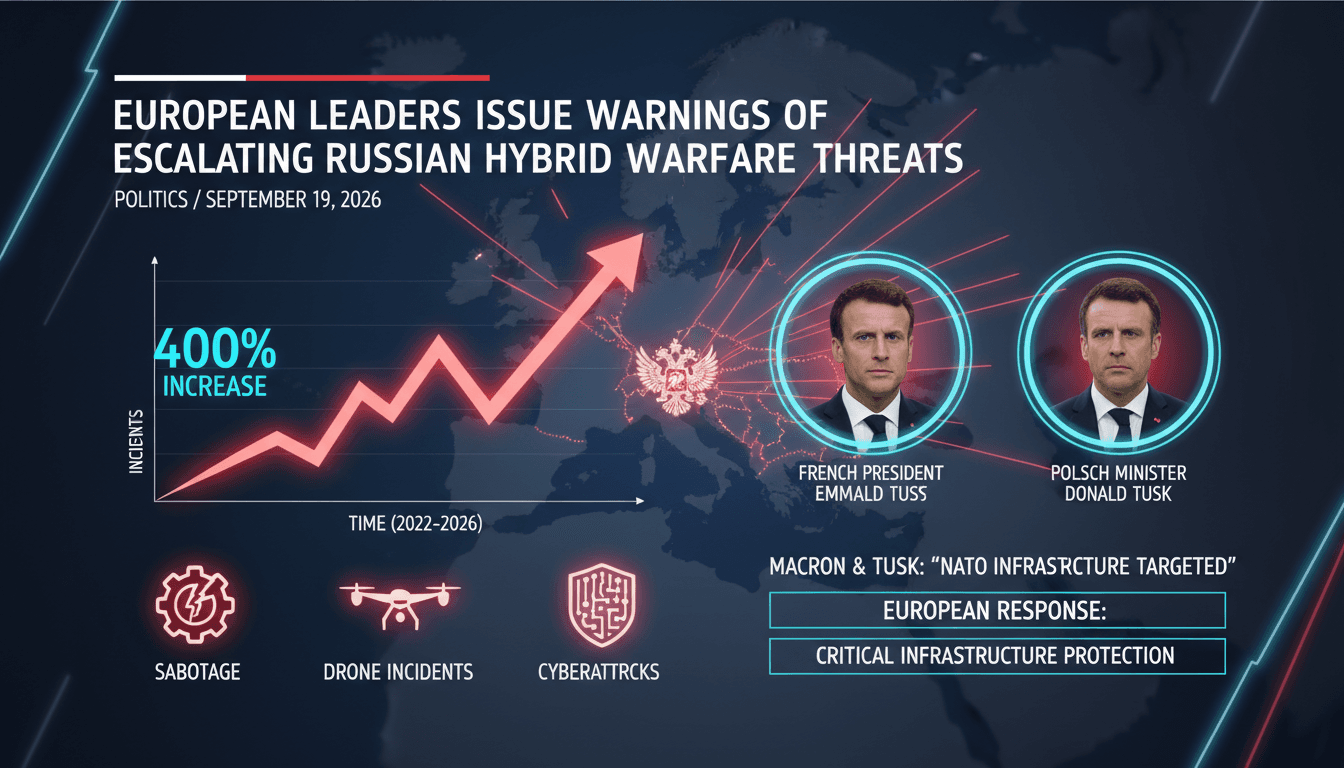 Infographic showing the rise in Russian hybrid incidents in Europe and responses from leaders like Macron and Tusk.