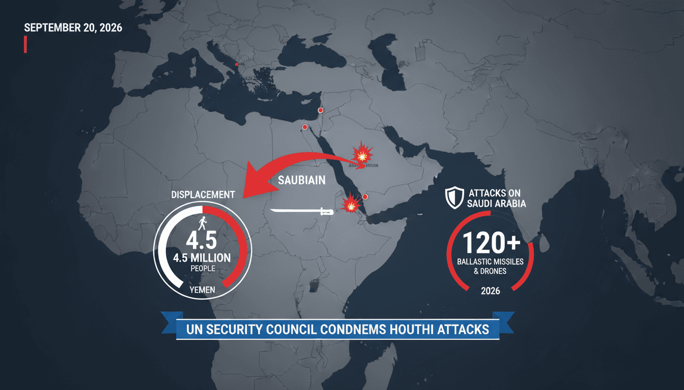 Infographic showing the impact of Houthi attacks on Saudi Arabia and displacement figures in Yemen.