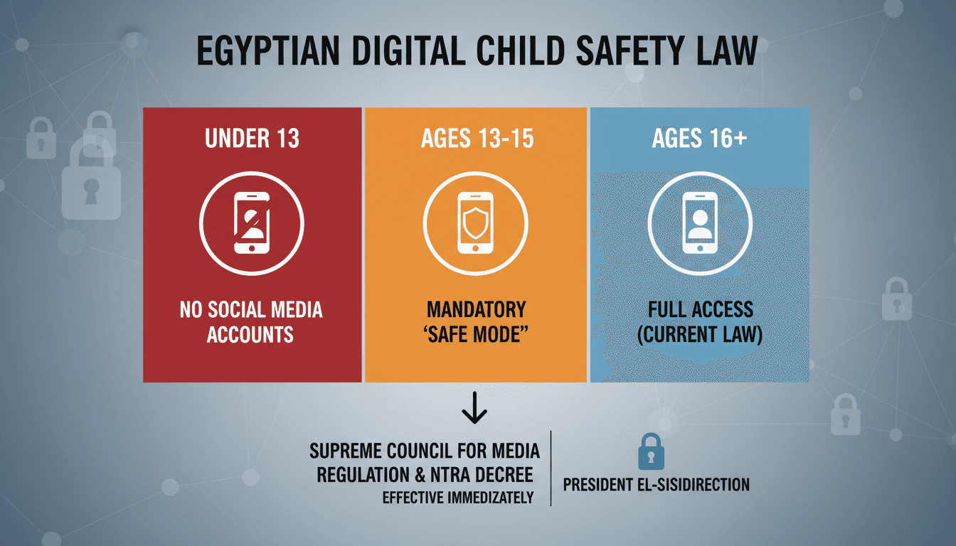 Infographic showing Egypt's new social media regulations for minors under 15 years old.