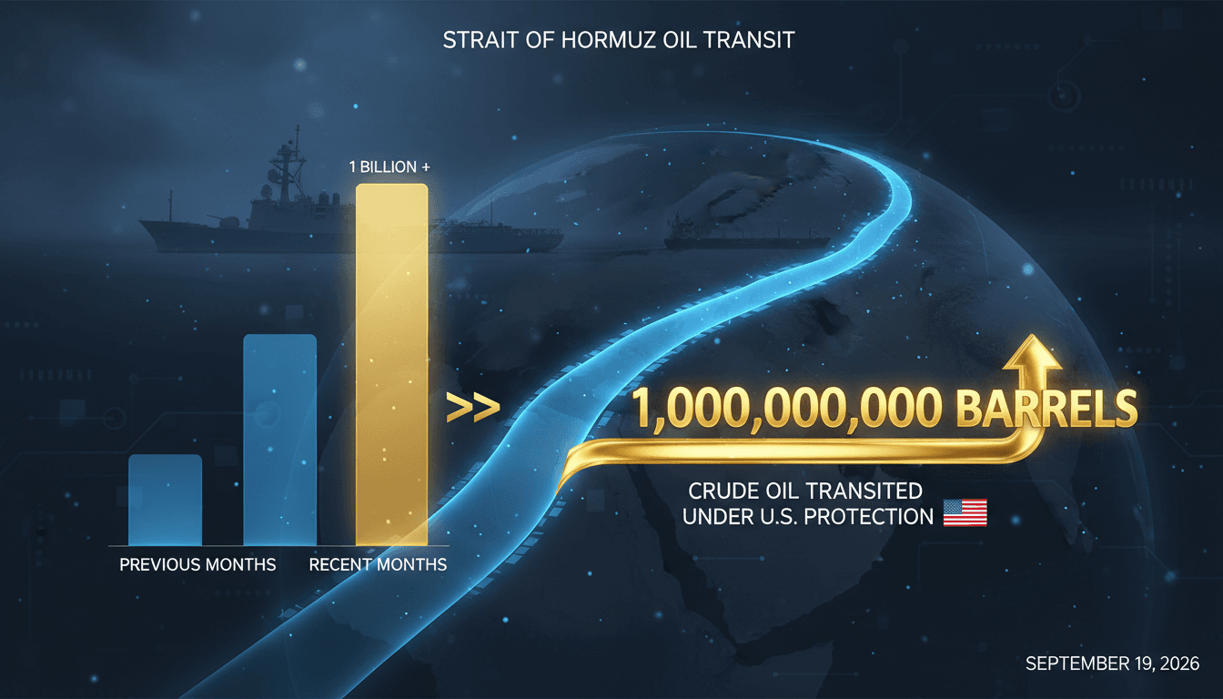 Infographic showing over one billion barrels of oil transiting the Strait of Hormuz under U.S. protection.