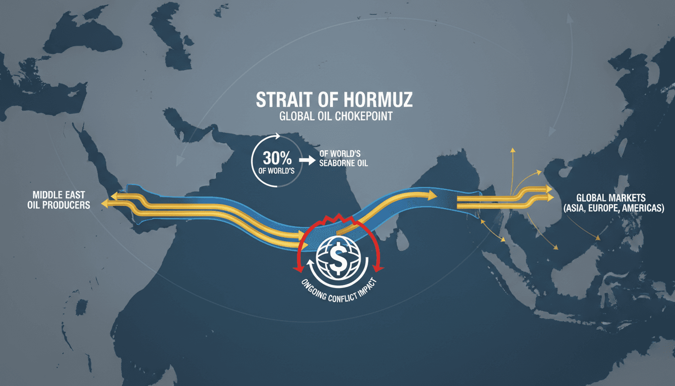 Infographic showing oil flow through the Strait of Hormuz and its impact on global markets.