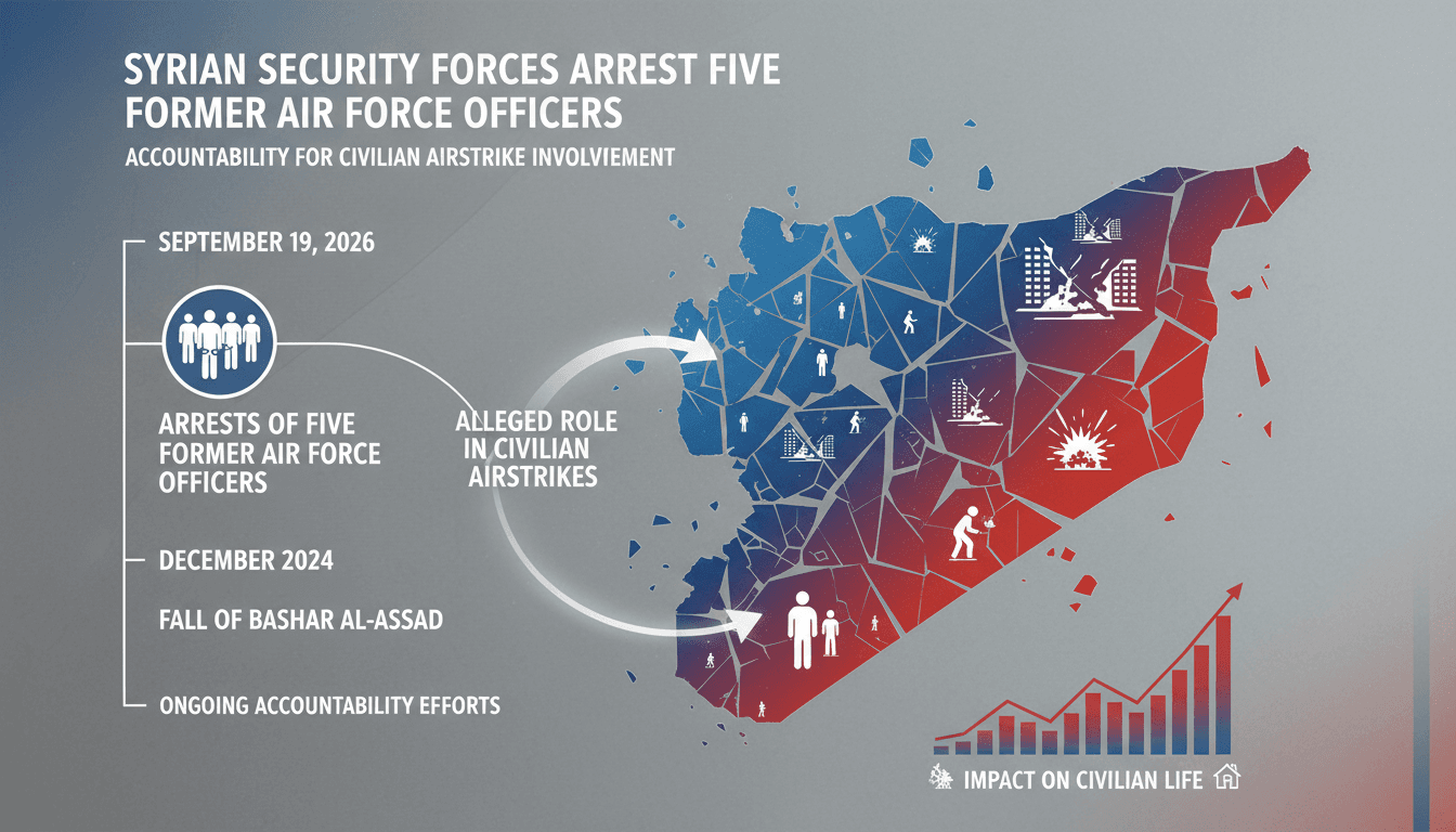 Infographic detailing the arrests of Syrian air force officers and the impact of airstrikes on civilians.