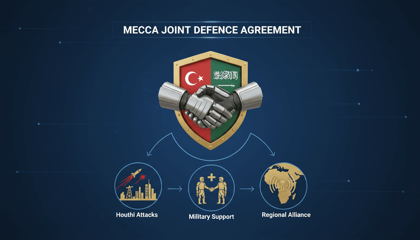 Map showing Turkey and Saudi Arabia with military support context amid Houthi attacks.