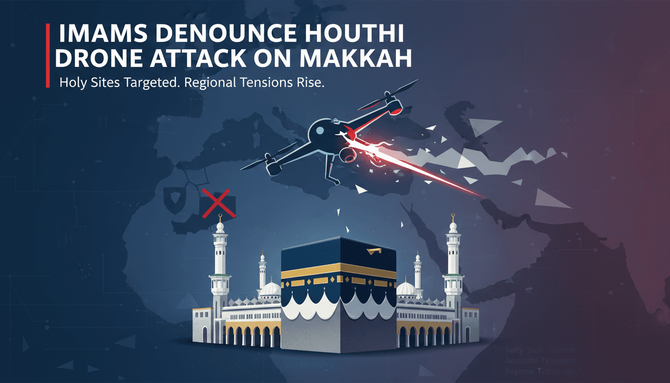 Aerial view of the Grand Mosque in Makkah with headlines about the Houthi drone attempt.