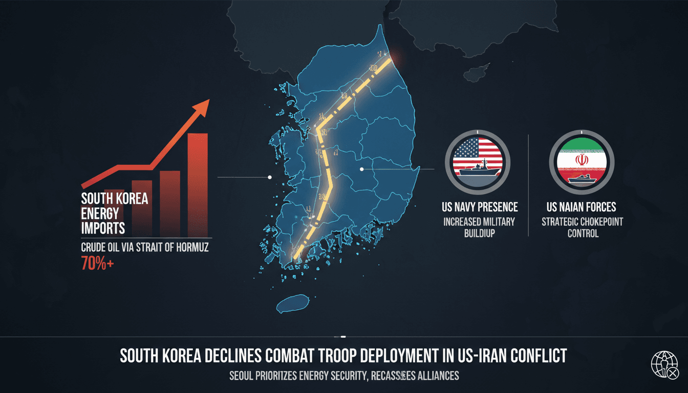 Map of the Strait of Hormuz highlighting South Korea's energy imports and military stance.