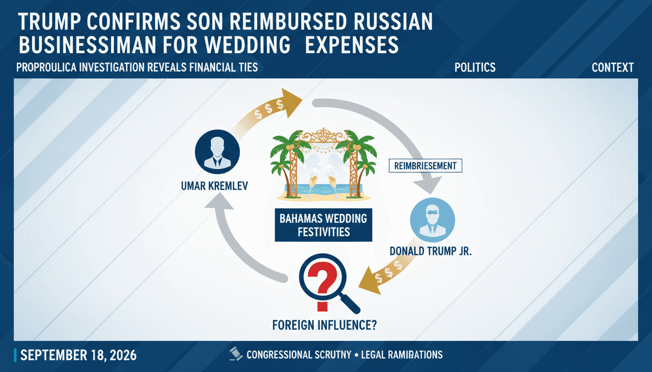 Infographic showing financial connections between Trump Jr. and Russian businessman Kremlev for wedding expenses.