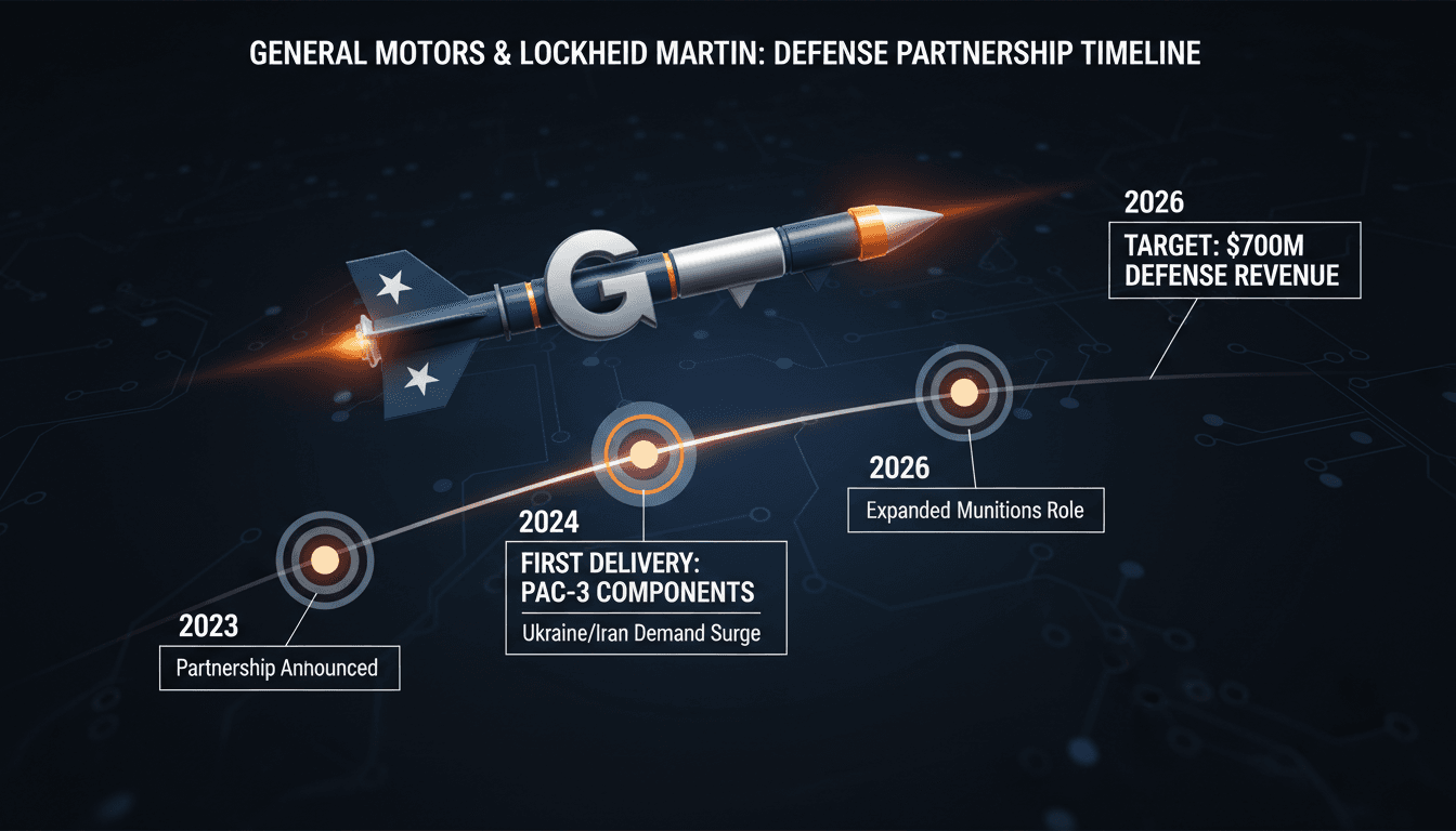 A visual representation of GM's delivery timeline for PAC-3 missile components, highlighting the partnership with Lockheed Martin.