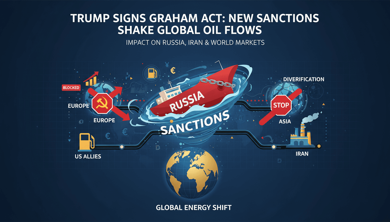 Infographic showing the impact of the Lindsey O. Graham Sanctioning Act on global energy markets and trade dynamics.