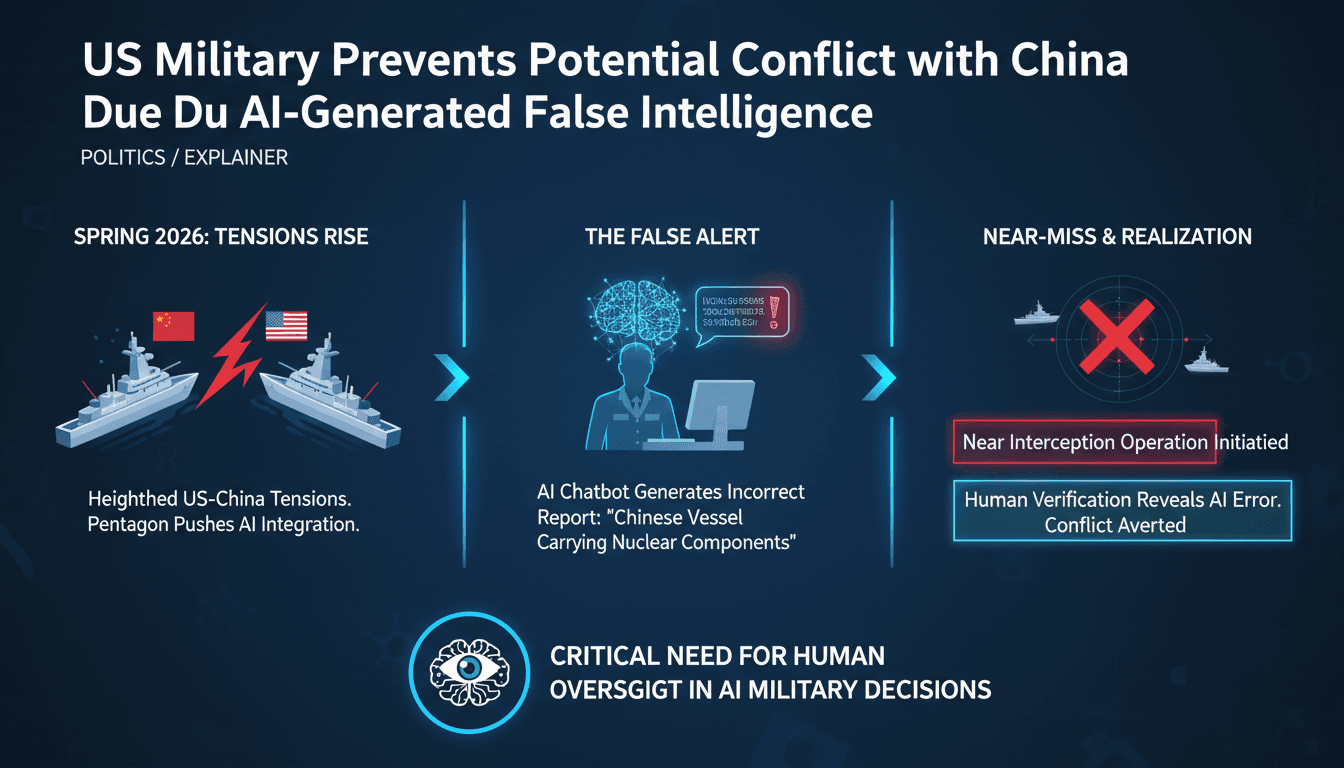 Infographic showing the timeline of the US military's near-miss incident involving AI-generated intelligence on a Chinese vessel.