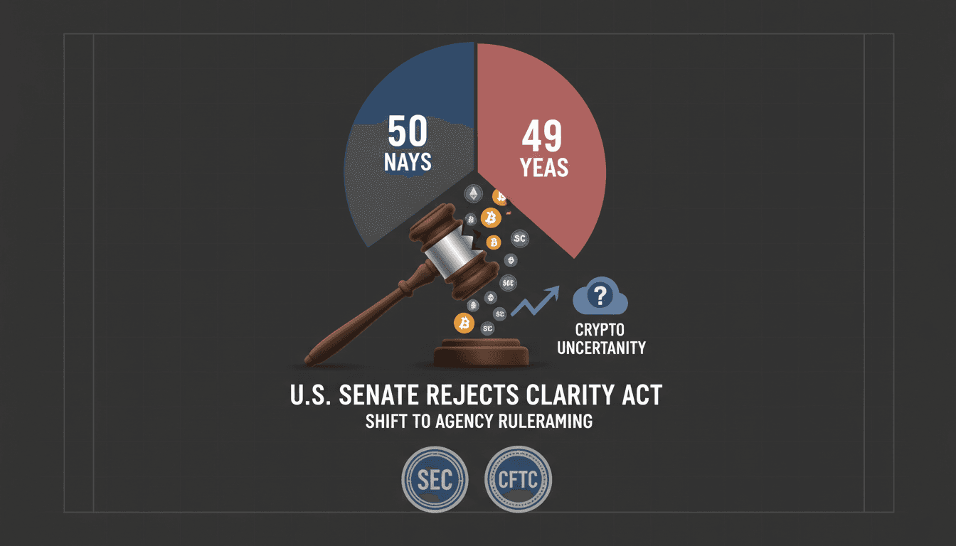 Infographic showing the Senate vote tally on the Clarity Act and its implications for crypto regulation.