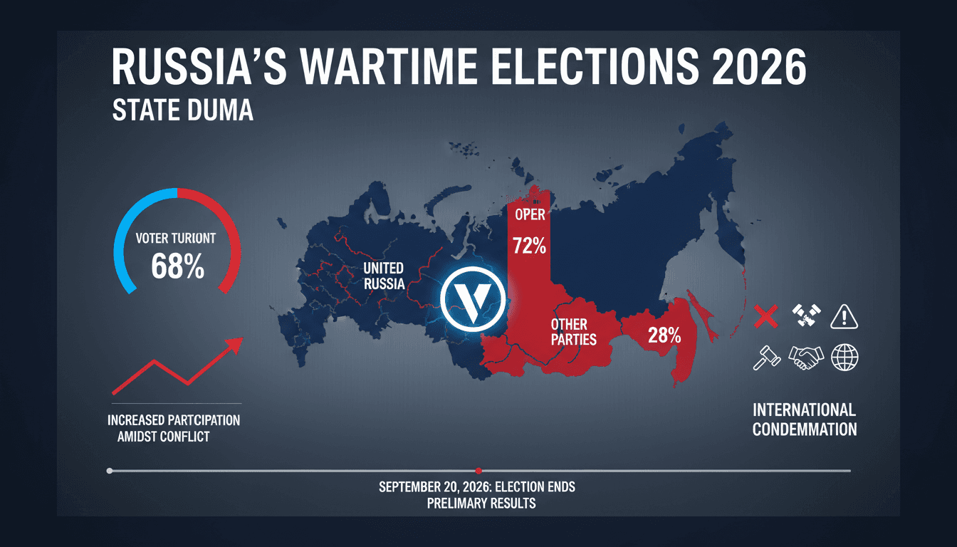 A graphic illustrating the results of Russia's wartime elections, highlighting United Russia's dominance and voter turnout statistics.