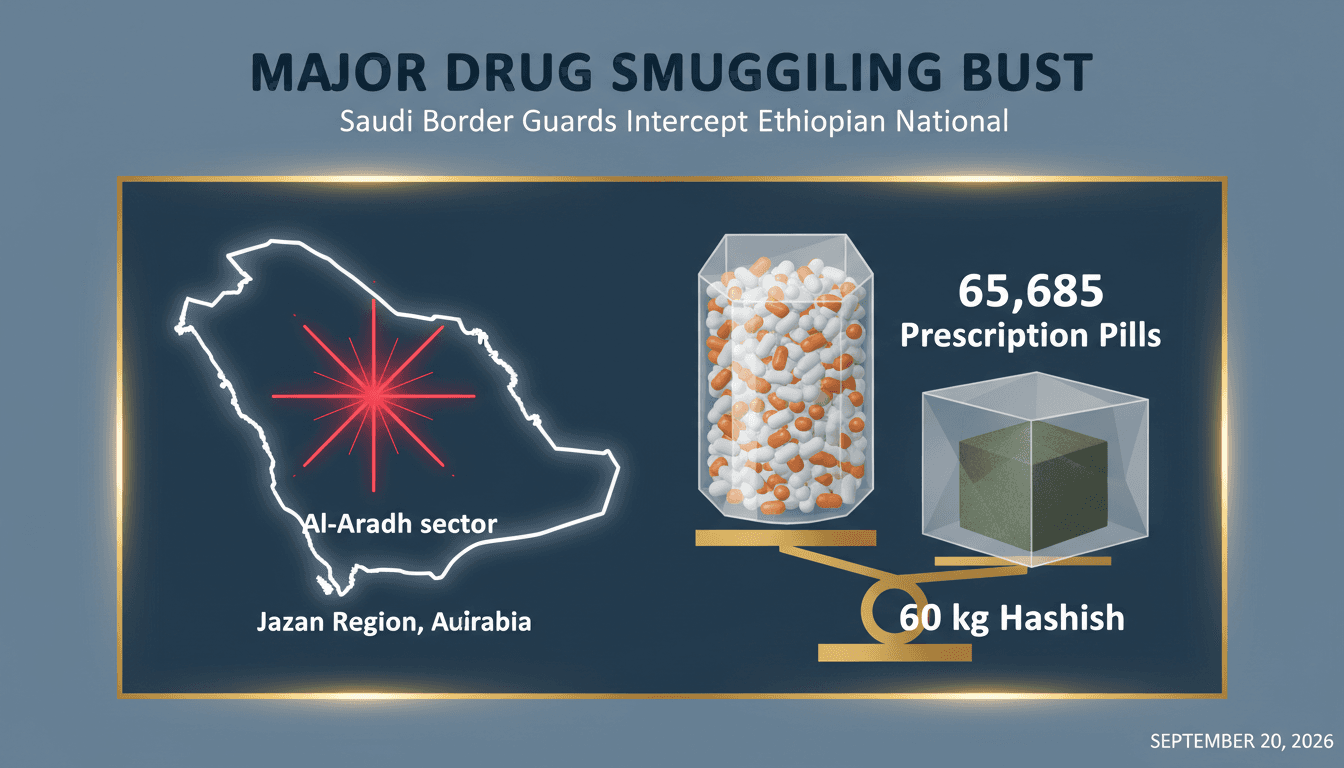 Infographic showing the seizure of 65,685 prescription pills and 60 kg of hashish in Jazan, Saudi Arabia.