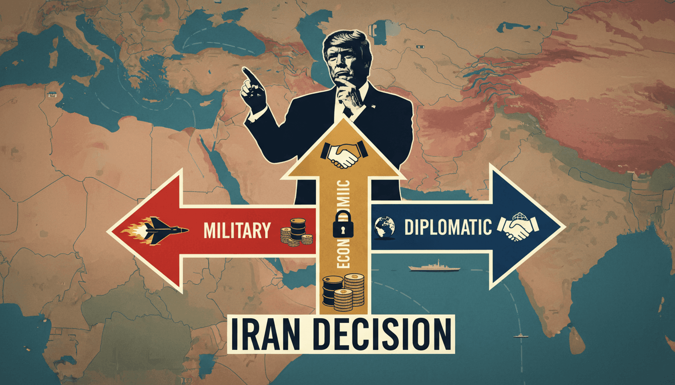 A graphic showing Trump's three options for Iran against a backdrop of the Strait of Hormuz.