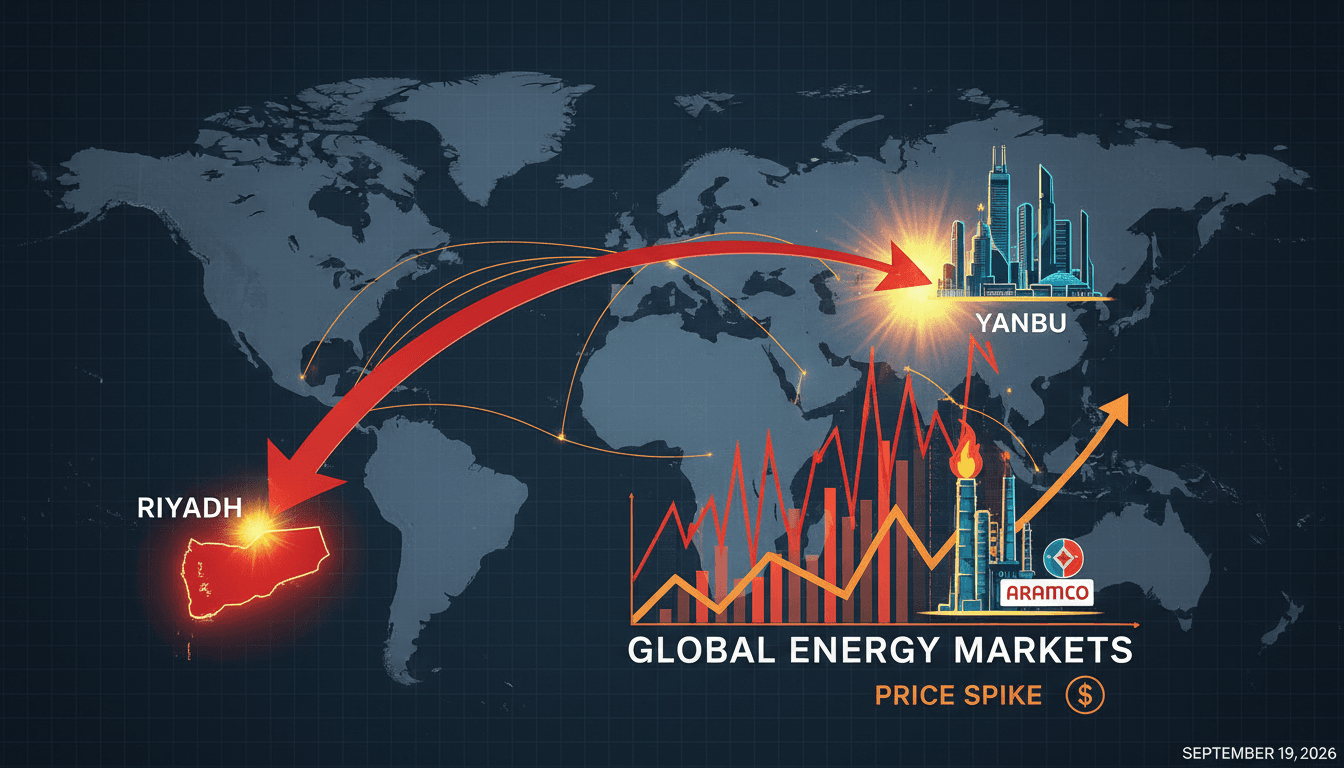 A graphic illustrating the Houthi missile claims targeting Riyadh and their implications for energy markets.