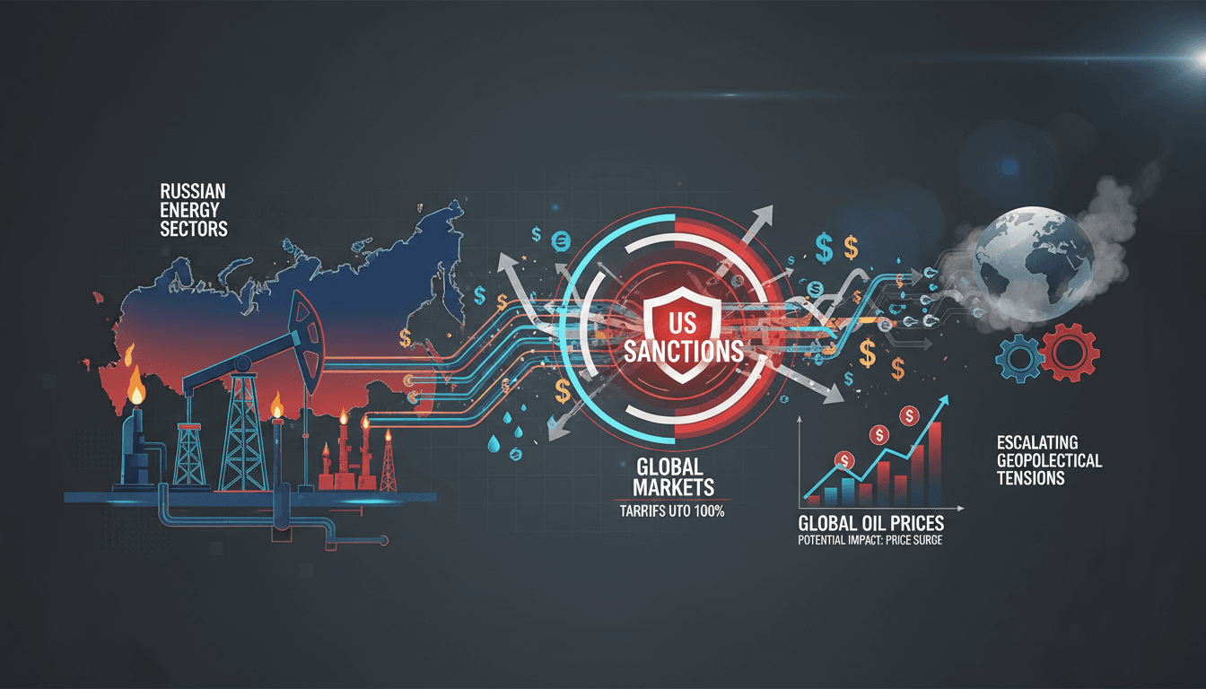 Infographic showing the impact of US sanctions on Russian energy exports and global oil prices.