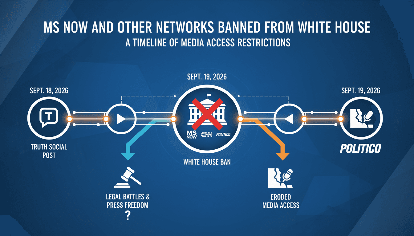 Infographic showing the timeline and implications of Trump's media access ban on press freedom.