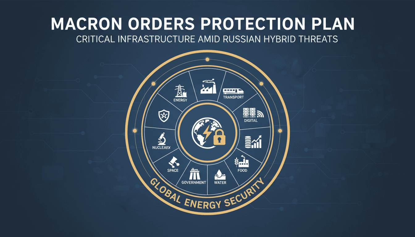 Infographic showing Macron's critical infrastructure protection plan against Russian hybrid attacks, highlighting energy security.