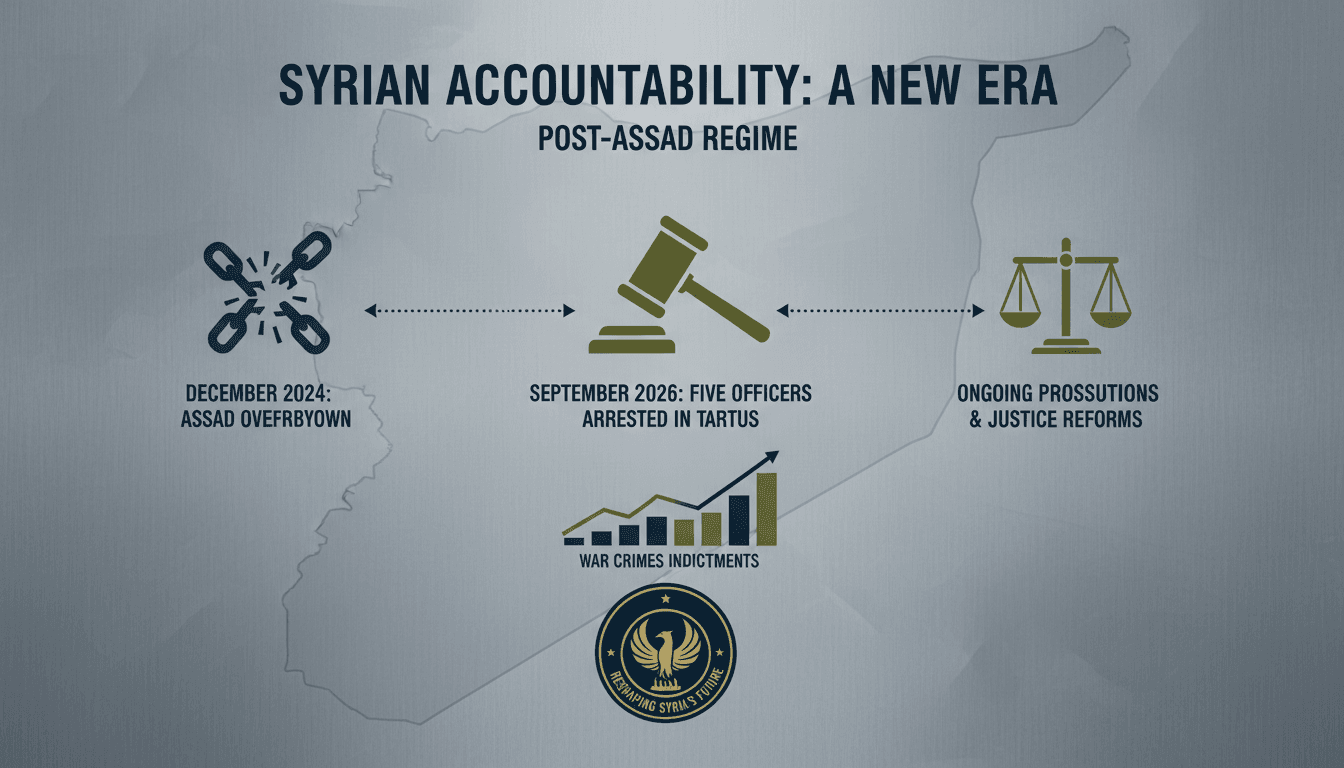 Infographic showing timeline of Syrian air force officers' arrests and accountability measures post-Assad.