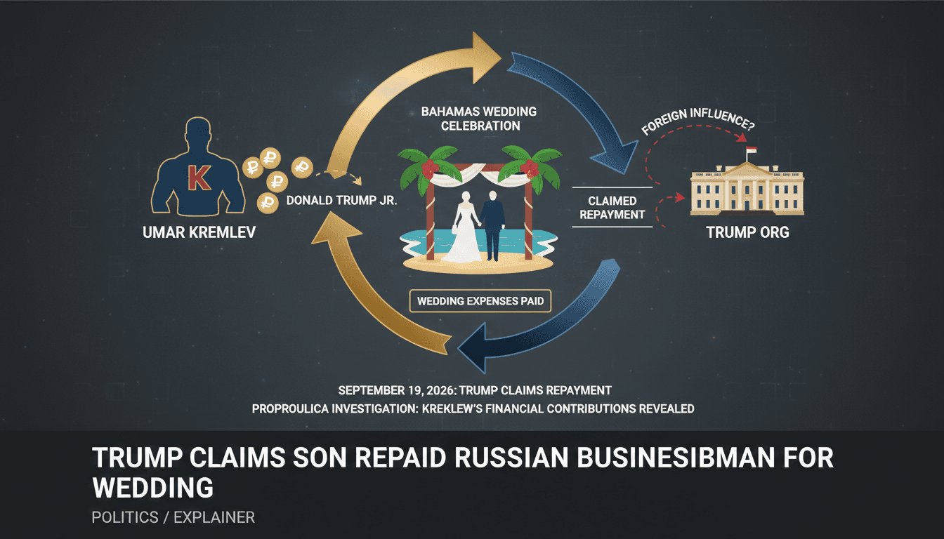 Infographic showing the financial ties between Trump Jr. and Russian businessman Kremlev related to wedding expenses.