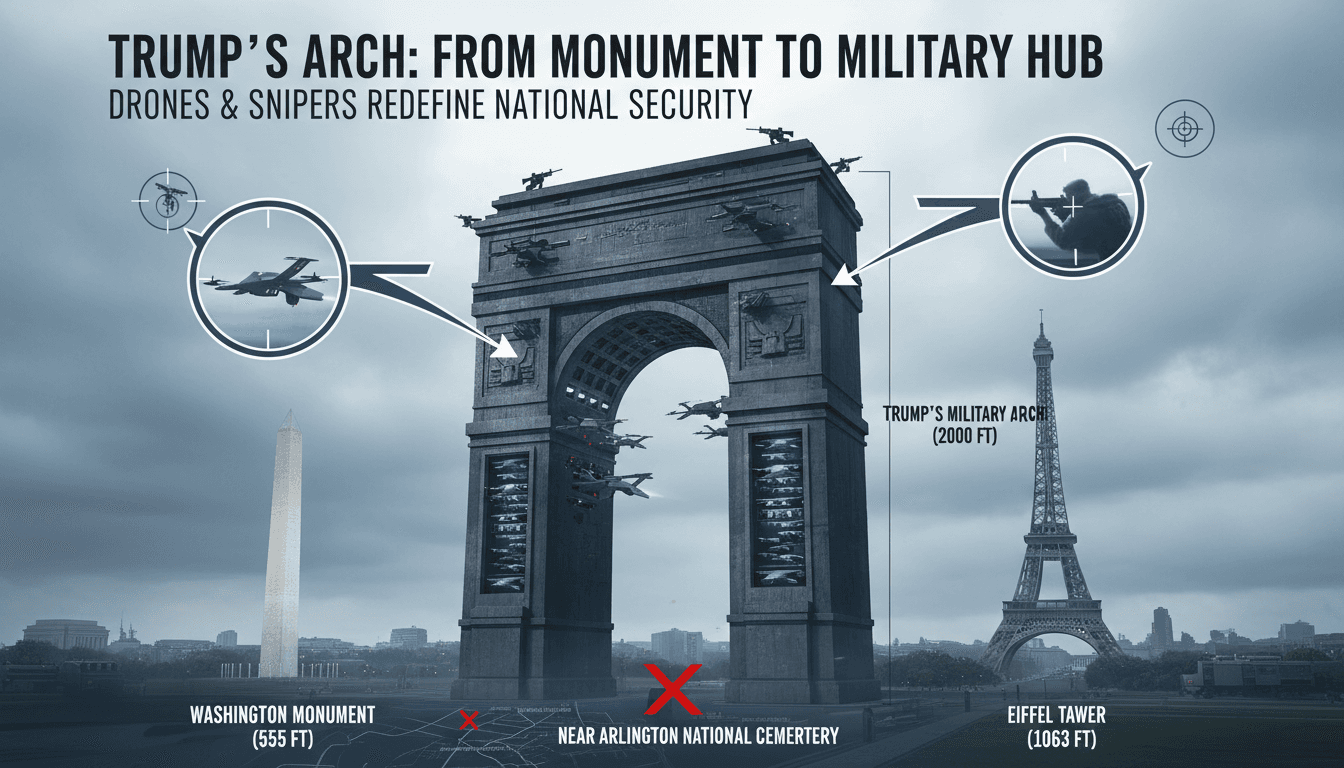 An infographic comparing the height of Trump's proposed military complex arch to other national monuments, emphasizing its dual-use purpose.