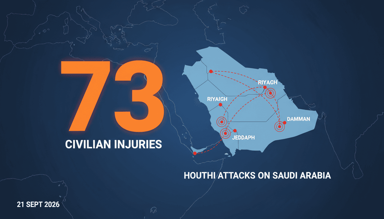 Infographic showing civilian injuries from Houthi attacks in Saudi Arabia, highlighting regional tensions.