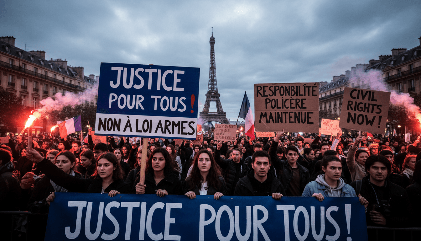 Protesters in France demanding police accountability against a backdrop of civil rights banners.