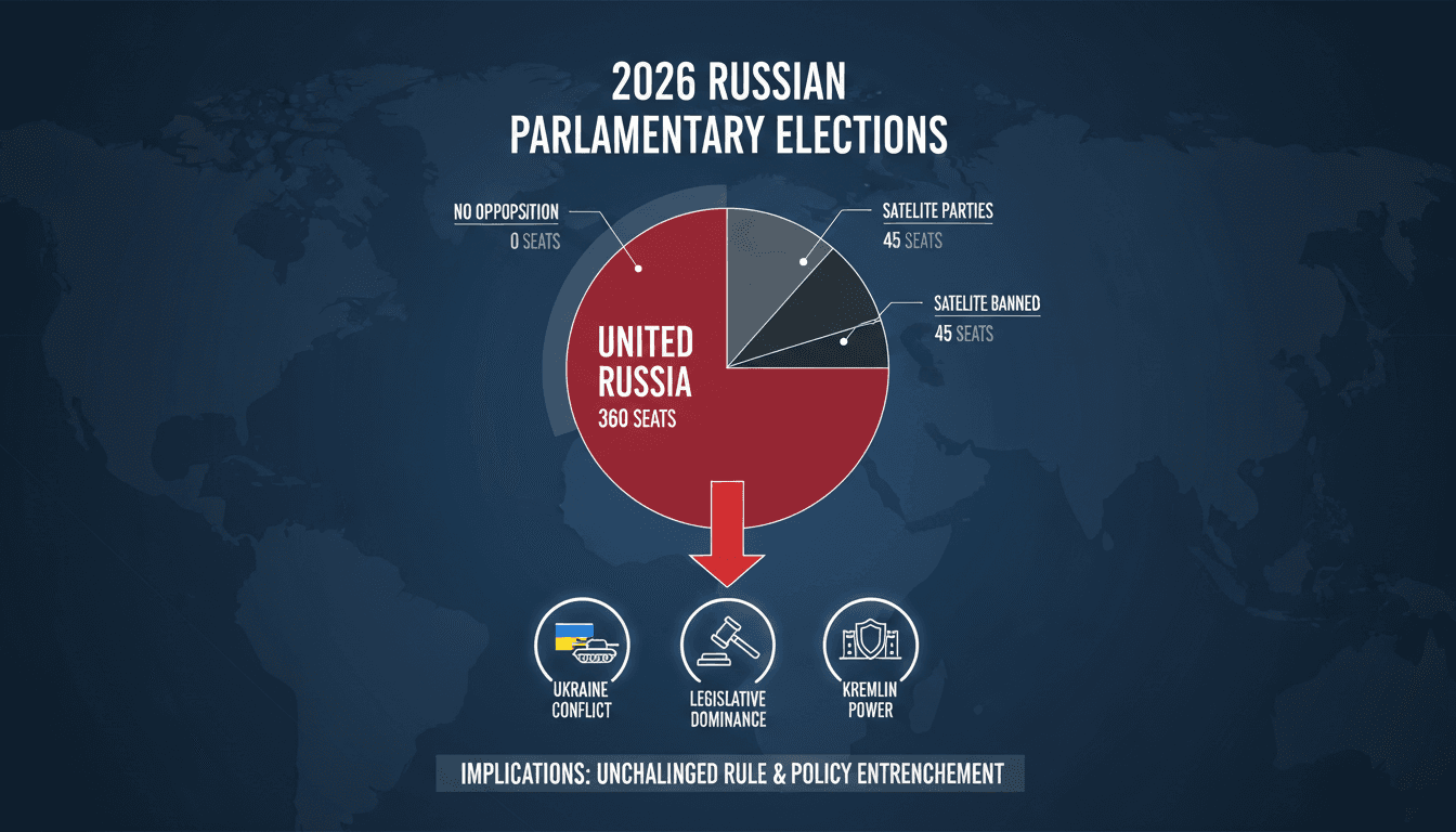 Infographic showing the distribution of seats in the Russian State Duma after the 2026 elections, highlighting the Kremlin's supermajority.