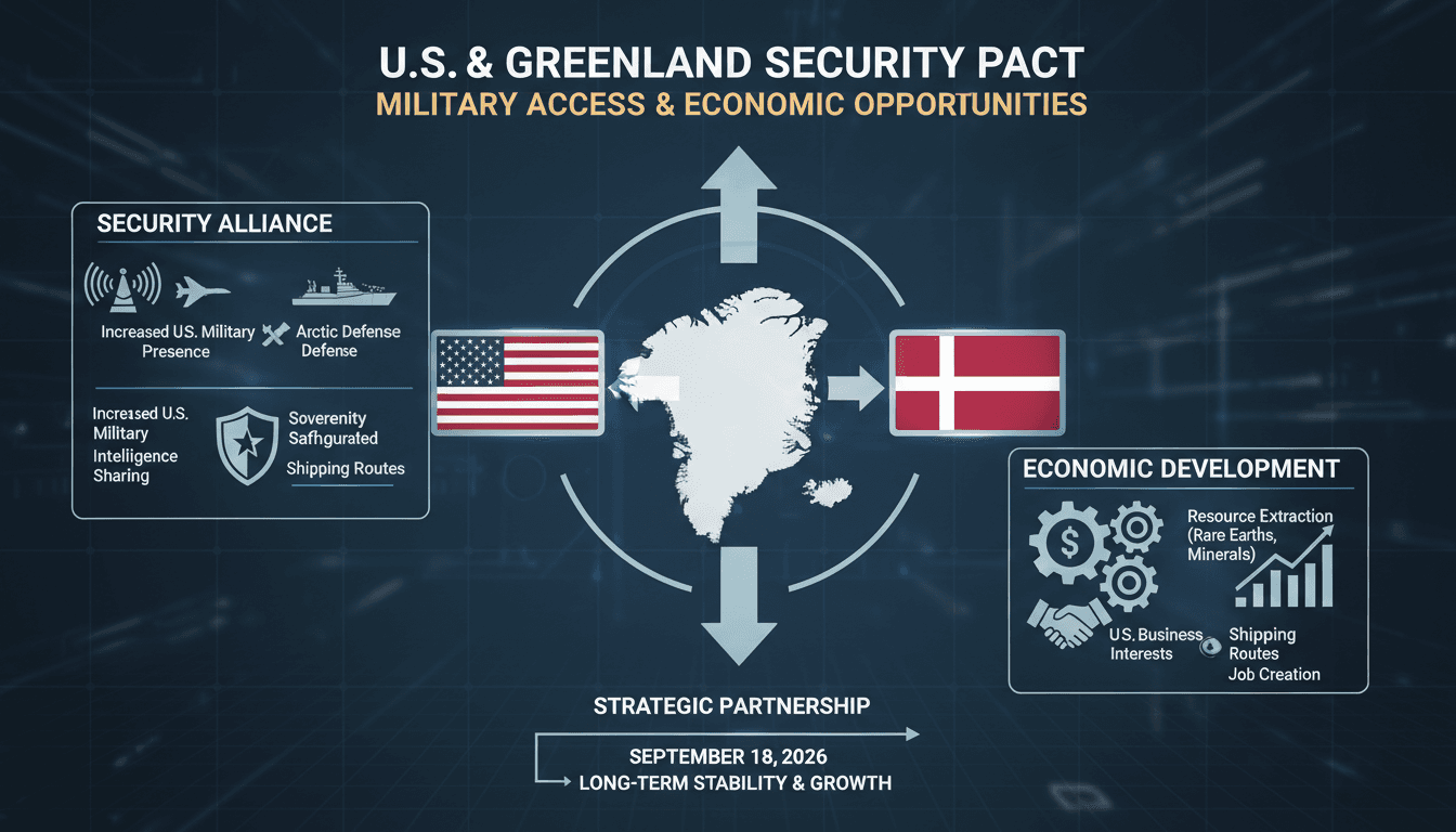 Infographic detailing the U.S.-Greenland security pact and its impact on military access and business opportunities.
