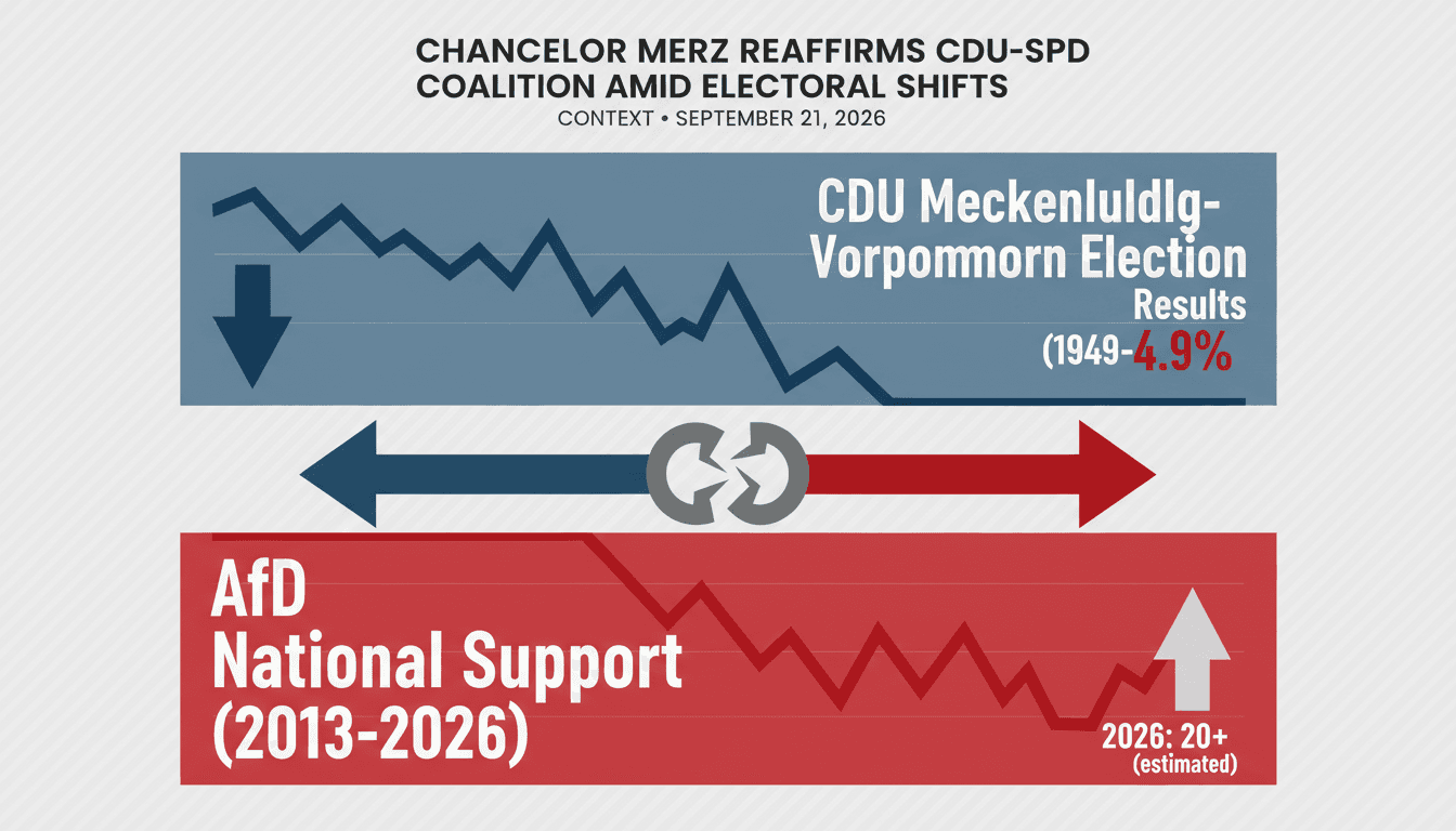 A visual representation of German Chancellor Merz reaffirming the CDU-SPD coalition amidst electoral challenges.