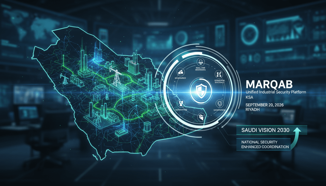 An infographic detailing the features of Saudi Arabia's Marqab platform for industrial security.