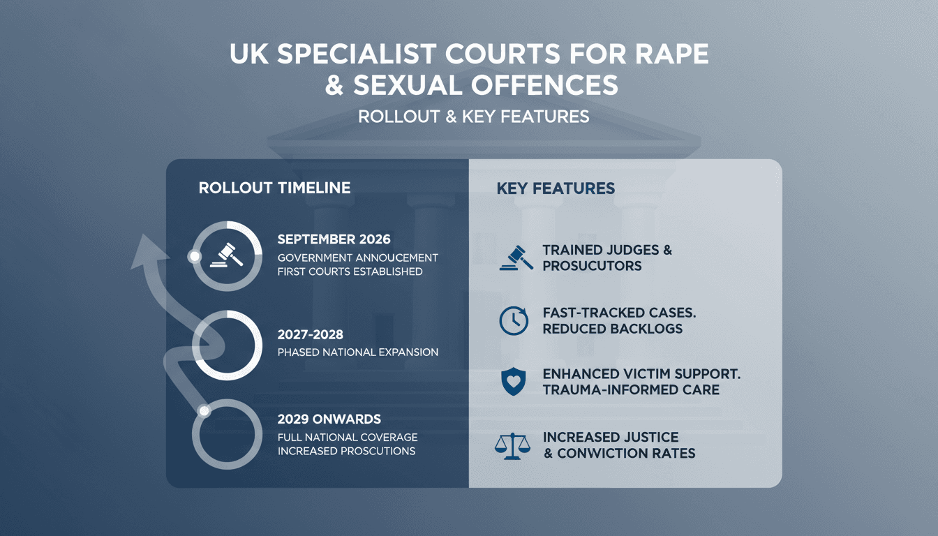 Infographic detailing the rollout of specialist rape courts in England and Wales, highlighting key features and timelines.