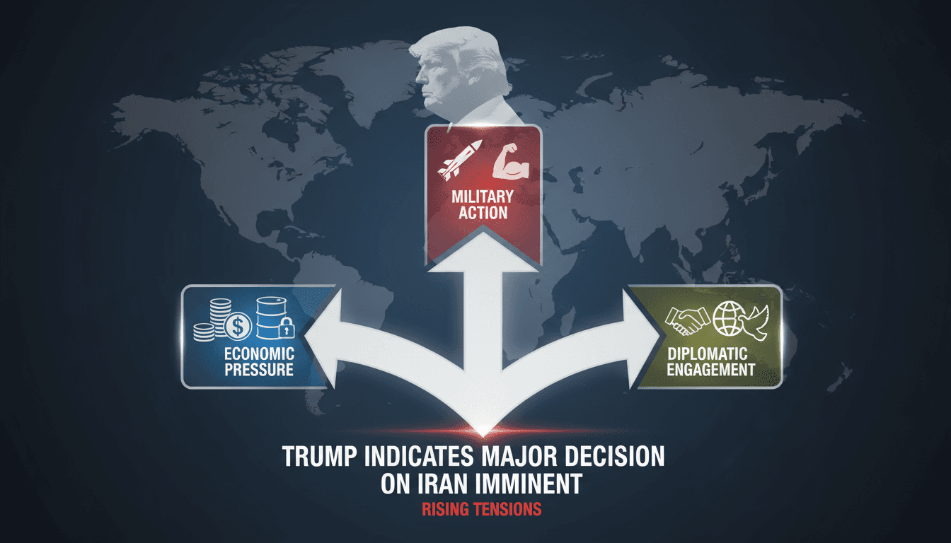 Infographic illustrating Trump's potential decisions on Iran, including military, economic, and diplomatic options.