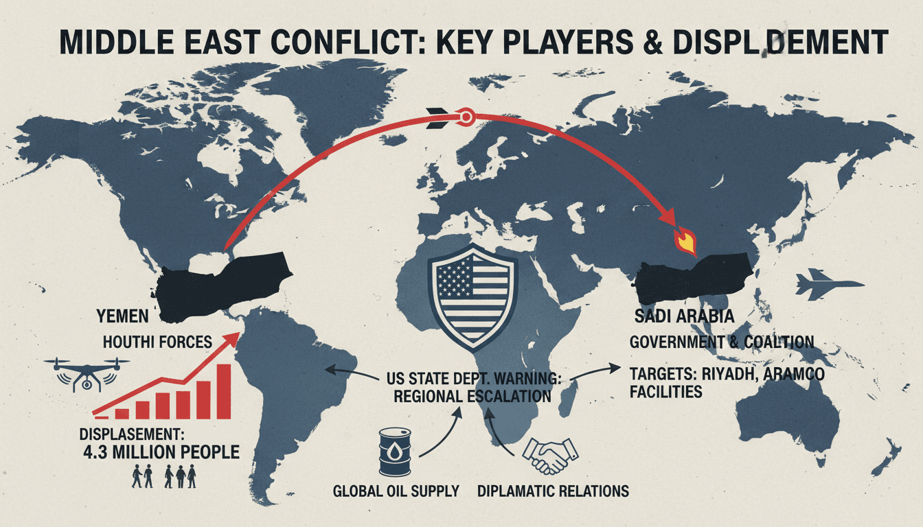 Infographic depicting the escalation of the Middle East conflict and its impact on global markets and travel.