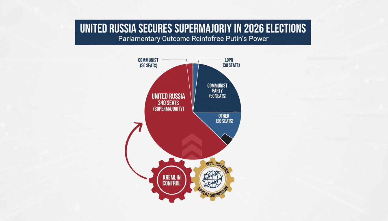 Infographic showing United Russia's supermajority in the State Duma and its implications for political power in Russia.