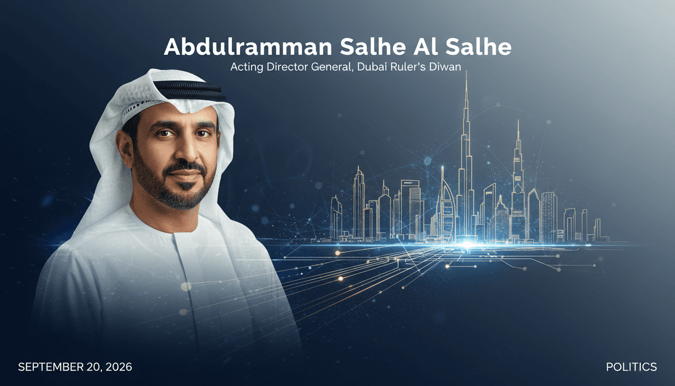 Abdulrahman Saleh Al Saleh appointed as Acting Director General of Dubai's Diwan, with Dubai skyline in the background.