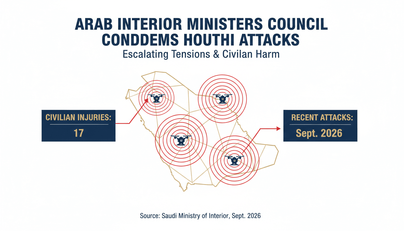 Infographic detailing Houthi attacks on Saudi Arabia, including injury statistics and affected locations.