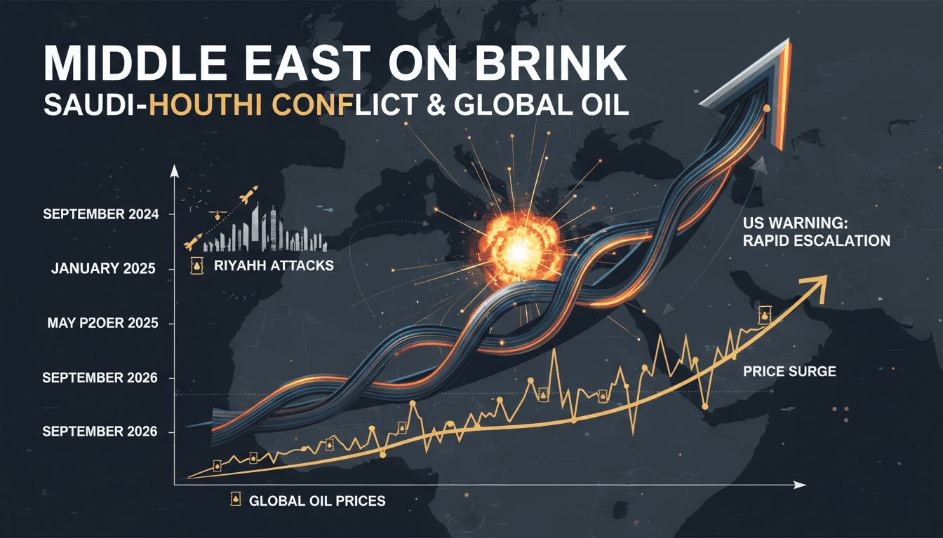 Infographic depicting the escalation of the Saudi-Houthi conflict and its implications for global oil markets.