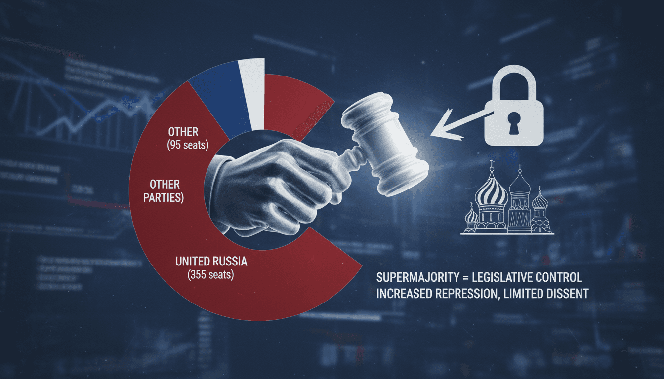Infographic showing United Russia's supermajority in the State Duma and its implications for global energy markets.