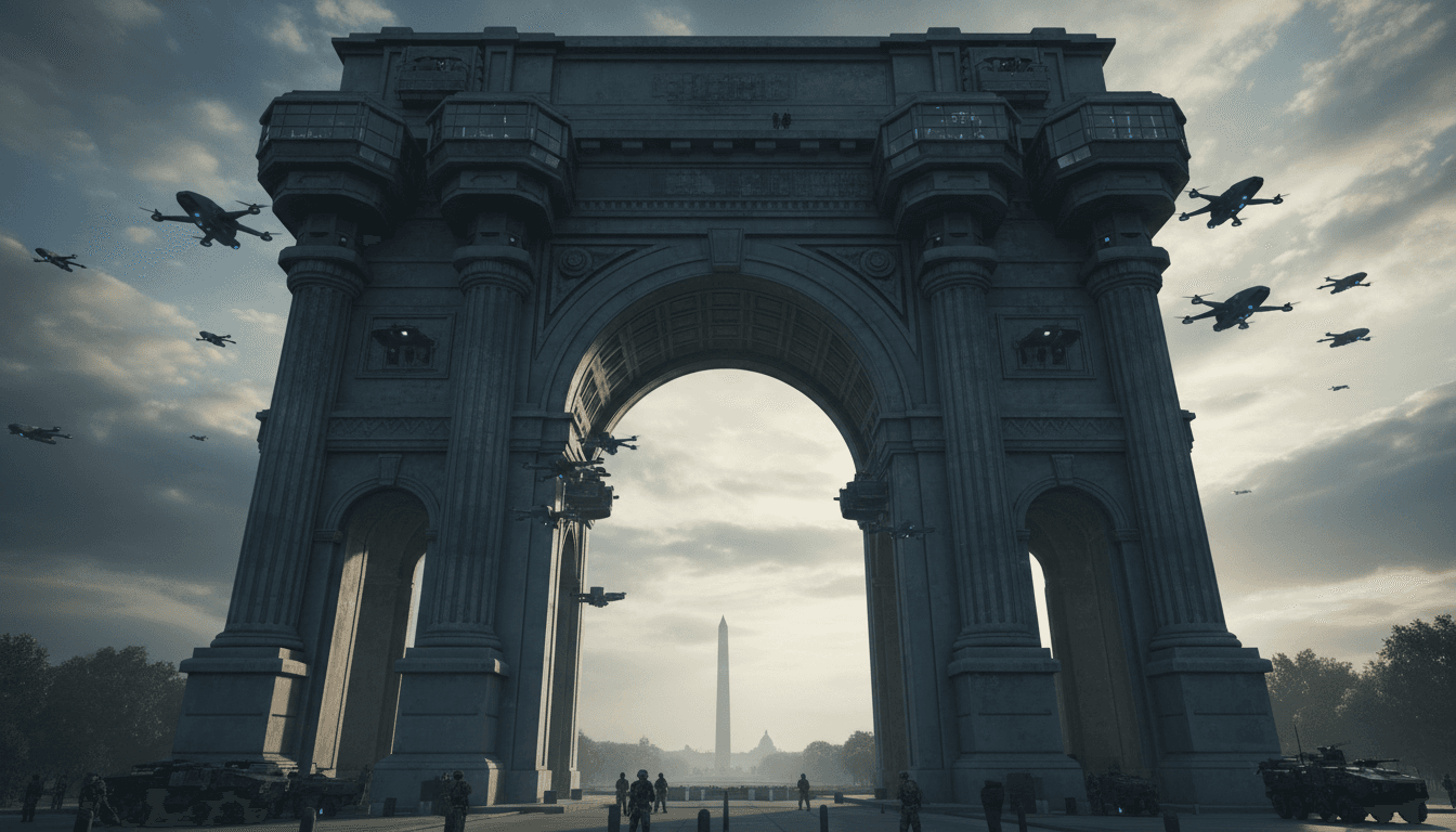 Proposed triumphal arch design featuring military elements, highlighting its height and significance in Washington DC.