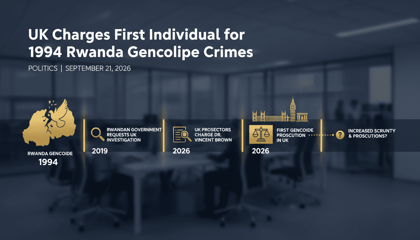 Infographic showing the timeline of the Rwandan genocide and legal actions taken in the UK against Dr. Vincent Brown.