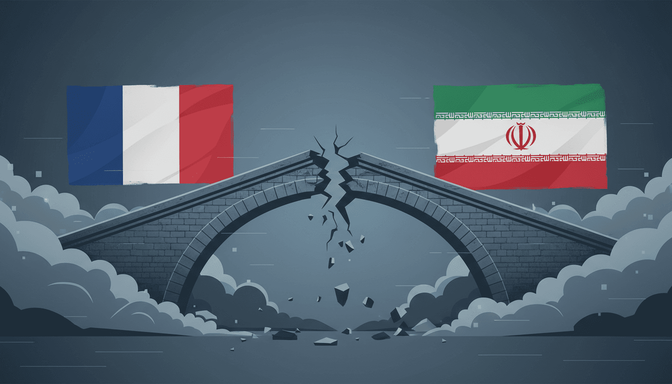 Flags of France and Iran with a broken bridge symbolizing strained diplomatic relations.