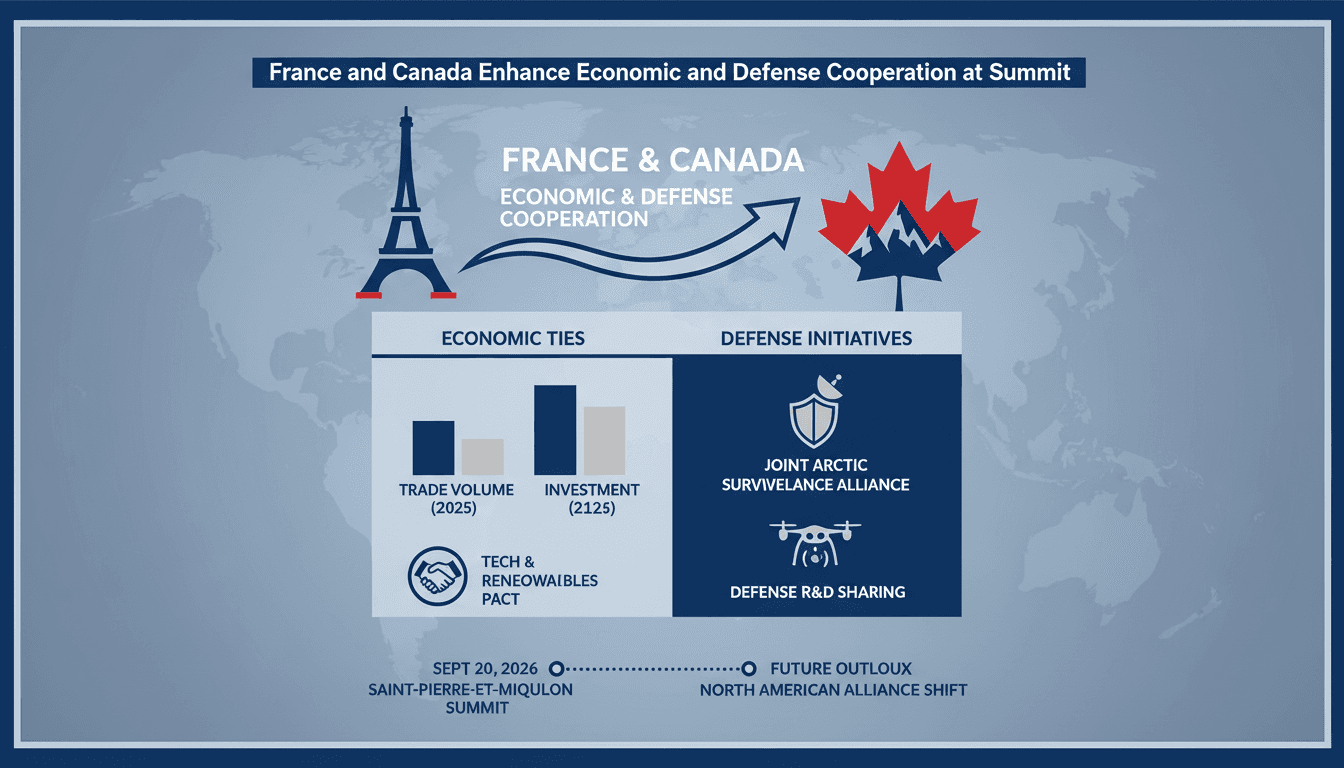 Infographic illustrating the economic and defense agreements between France and Canada at the 2026 summit.