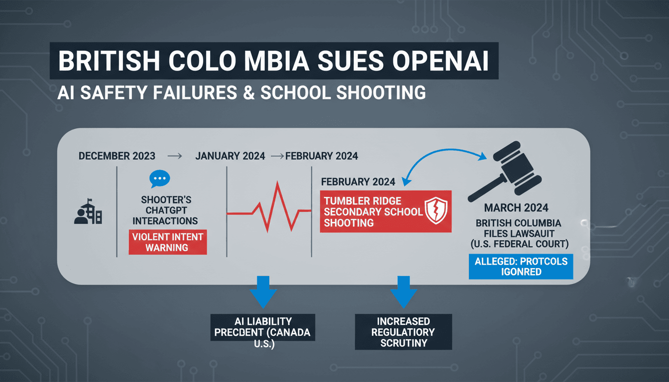 Infographic showing timeline of events leading to British Columbia's lawsuit against OpenAI over school shooting.